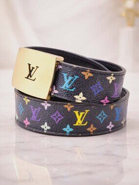 Authentic Louis Vuitton Multicolor Monogram Belt Multicolor Gold Buckle Designer